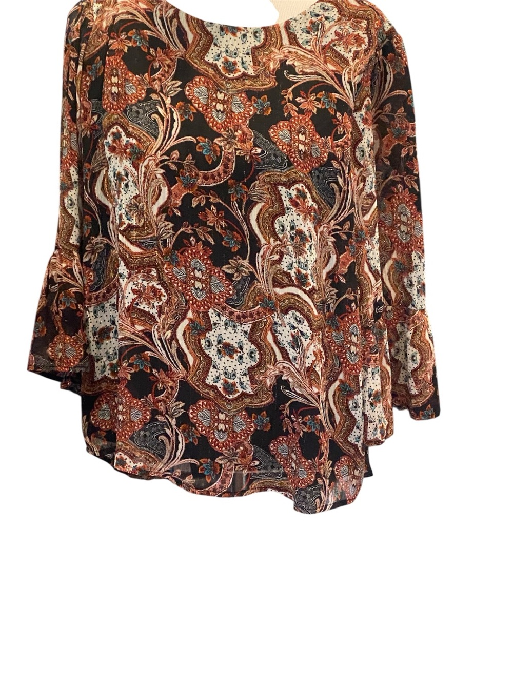 Luxology Sheer Lightweight Bohemian Damask-Style & Floral Print Pullover Blouse